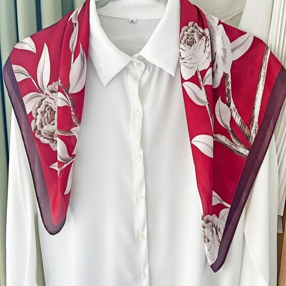 Silk Feeling Scarf Medium Square Satin Head 03 Red Flowers - Picture 7 of 7